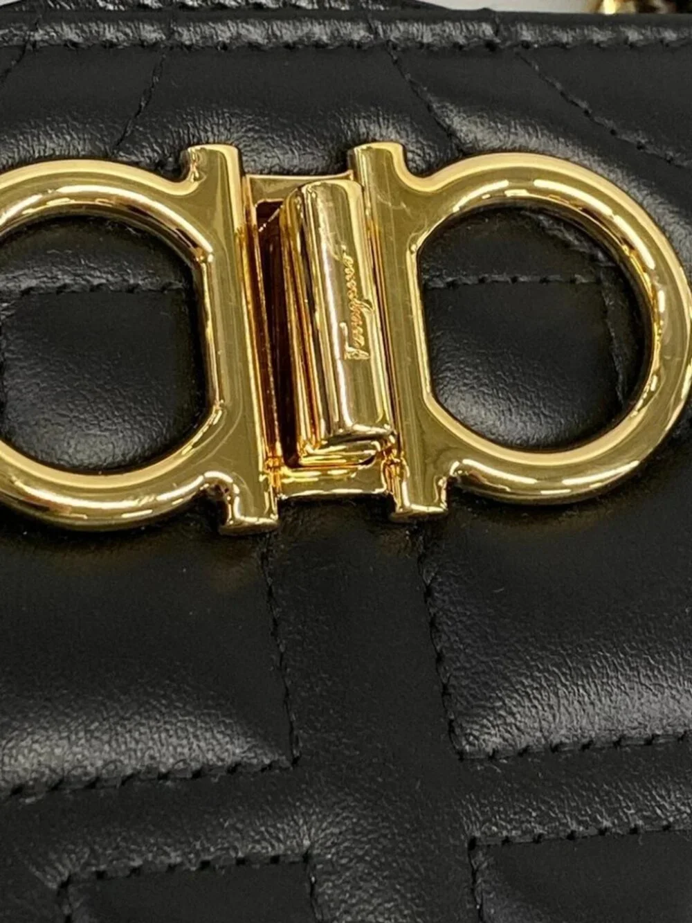 Salvatore Ferragamo Gancini Black Gold Leather Hardware Tote Bag